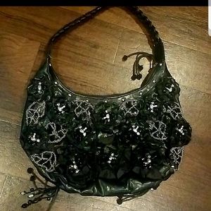 Mary Francis black Rose beaded hobo purse